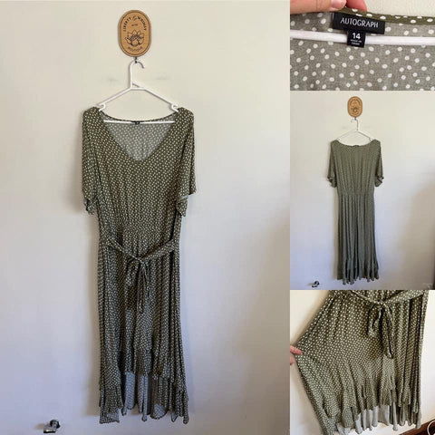 Autograph olive spot hi-low dress Sz 14 as new