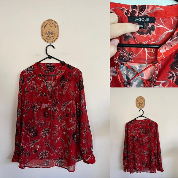 Basque l/s red floral tie-front top Sz 16 as new (washed)