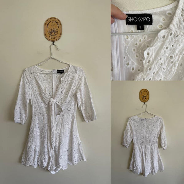 Showpo white broderie jumpsuit Sz 8 as new (washed only)
