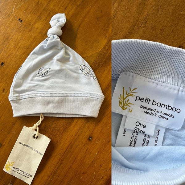 Petit Bamboo spaceships print knotted hat O/S (best fit NB-3m) NWT