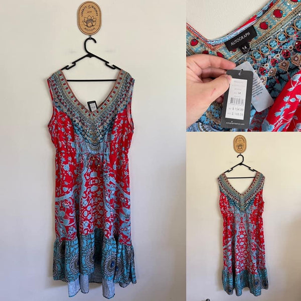 Autograph boho print satin hi-low maxi dress Sz 14 RRP $149.99 NWT