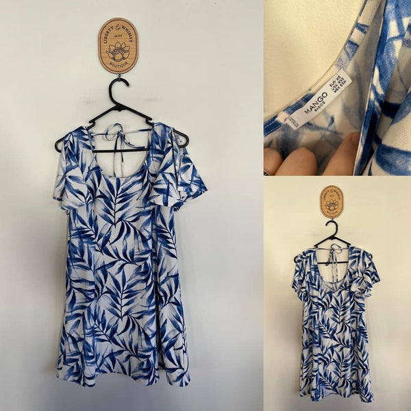 Mango Basics white/blue leaves dress Sz XS as new