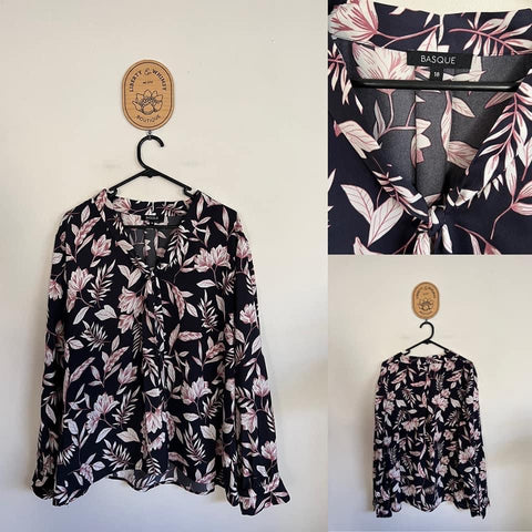 Basque l/s black/pink floral top with pussy-bow Sz 18 as new (washed)