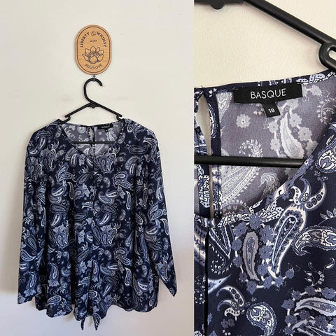 Basque l/s navy paisley tie front top Sz 18 as new (washed)