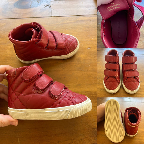 Burberry red leather hi-tops Sz 24 play - scuffing and wear